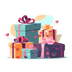 many presents are stacked on top of each other with bows and hearts flying around them