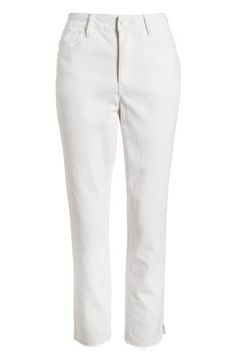 Crisp white jeans with raw hems feature figure-flattering Ab-Solution powermesh panels that mold and hold in all the right places. 27" inseam; 13 1/2" leg opening; 10" front rise; 15" back rise 69% cotton, 30% CoolMax polyester, 1% spandex CoolMax® polyester moisture-wicking fabric for dryness and comfort in the heat Machine wash, tumble dry Imported White Stretch Denim Jeans, White Stretch Bottoms With Straight Hem, White Denim Jeans With Frayed Hem, Slim Fit White Denim Bottoms, White Relaxed Fit Cropped Jeans With Tapered Leg, White Slim Fit Denim Bottoms, White Tapered Leg Cropped Jeans, White Slim Fit Bottoms For Spring, White High-rise Jeans With Frayed Hem