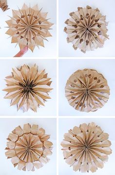 four pictures of different types of paper flowers on a white background, each with multiple petals