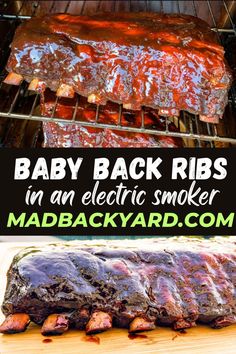 baby back ribs in an electric smoker with text overlay