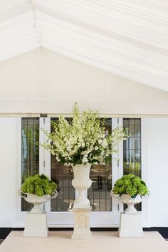 three white vases with flowers in them are sitting on the ground near a door