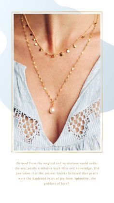 18 carat yellow gold layered necklaces featuring a necklace with jingling coins, and a freshwater pearl on a chain. Pearls Of Wisdom, Pearl Charm Necklace, Feminine Energy