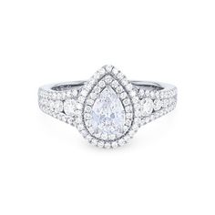 a pear shaped diamond engagement ring with two rows of diamonds on the band and shoulders