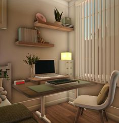 a computer desk sitting next to a window in a room with wooden floors and white walls