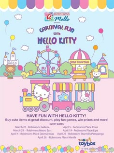 an advertisement for the carnival with hello kitty and other things to see on it's screen