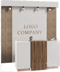 an advertisement for a company with wood and metal accents on the front, behind which is a sign that reads logo company