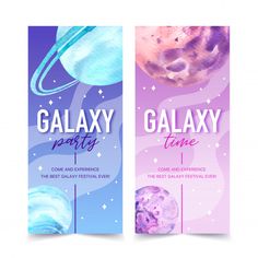 two bookmarks with the words galaxy party and some planets in purple, blue and pink