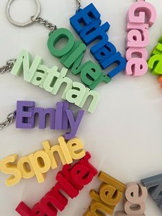 several different colored wooden letters are arranged in the shape of words that spell out people's names