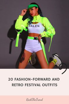 Woman in neon green and white festival attire with caption "20 Fashion-Forward and Retro Festival Outfits". Classic Rock Outfits, Holographic Dress, Retro Festival, Outfit Choices, We Are Festival, Rock Outfits, Afro Punk, Festival Looks, Boho Look