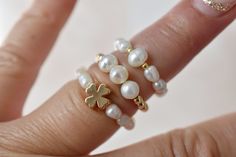 Clover Freshwater Pearl Ring Gold Filled Stretch Beaded Ring - Etsy Gold Pearl Ring With Charm For Gift, Dainty Gold Pearl Ring With Pearl Charm, White Baroque Pearl Ring With Pearl Drop, Dainty White Pearl Ring With Pearl Charm, Delicate Handmade White Pearl Ring, Gold Baroque Pearl Ring As Gift, Gold Baroque Pearl Ring Gift, Gold Pearl Beaded Rings, Pearl Ring Gold