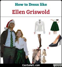 a man and woman dressed up in christmas attire with text overlay that reads how to dress like ellen griswod