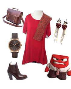 an assortment of items including a red dress, watch and purse