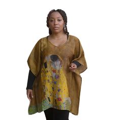 Versatile Art Top or Scarf featuring The Kiss Painting by Gustav Klimt. 29" long x 36" wide One size fits Small - XX-Large Partial Side seams with arm holes to wear as a top Fold or gather to wear as an Art Scarf 100% Polyester Chiffon Machine Wash & Dry Our famous fine art clothing collection includes the Klimt Popover art top by Breeke and is beautifully printed with Klimt's iconic painting, The Kiss. This fine art shirt can be worn as a light layered top over tanks or sleeved shirts or as a gathered art scarf. The sides of this art clothing are partially sewn so there are arm holes and a split at the bottom, the scoop neck hole has a generous opening to easily Popover your head! To wear as a Kiss Art Scarf, just gather it from the corners or fold from the longer sides. Our Breeke & Co P The Kiss Painting, Klimt The Kiss, Kiss Painting, The Kiss (klimt), Art Top, Kiss Art, Art Scarves, Art Clothing, Art Shirt