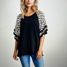 New In Bags, Umgee Top, Layered Sleeve, Animal Print, Hand Wash, Linen/Cotton Blend Casual Black Blouse For Layering, Versatile Black Blouse For Day Out, Trendy Black Blouse For Day Out, Black Layers, Floral Embroidered Top, Umgee Tops, Winter Boho, Women Tunic Tops, Ruffled Sleeve Top