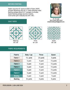 an info sheet showing the different patterns and sizes for quilts, including one with a woman's face