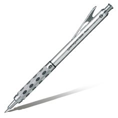 a pen that is sitting on top of a white surface with black dots and silver trim