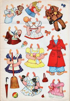 an old children's paper doll pattern with many different outfits and accessories on it