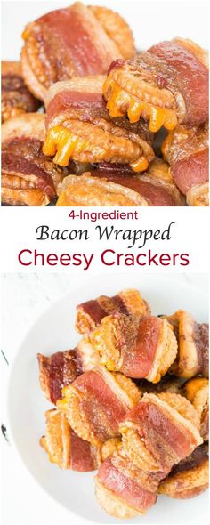 bacon wrapped cheesy crackers on a white plate with the title above it