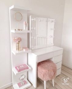 a white desk with a mirror, stool and shelf in the corner next to it