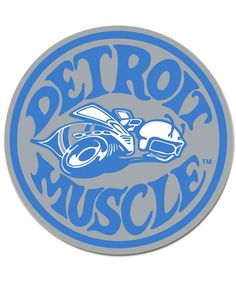 the detroit musclee logo is shown in blue and grey on an oval sticker