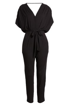 Wide, kimono-inspired sleeves frame this pleated jumpsuit complete with figure-skimming waist ties and tapered legs. 54" length V-neck Short sleeves Unlined 95% rayon, 5% spandex Hand wash, dry flat Imported Belted V-neck Jumpsuits And Rompers For Fall, Belted V-neck Jumpsuit For Date Night, Chic Jumpsuit With Elastic Waistband For Loungewear, Chic Loungewear Jumpsuits And Rompers With Elastic Waistband, Chic Loungewear Jumpsuits With Elastic Waistband, Chic Jumpsuits And Rompers With Elastic Waistband For Loungewear, Spring Loungewear Belted Jumpsuits And Rompers, Chic Jumpsuits With Tie Waist And Relaxed Fit, Chic Relaxed Fit Jumpsuits And Rompers With Tie Waist