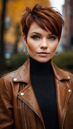 Fall Hair Colors Dark Copper French Bob 🍁 Cowboy Copper Pixie, Hair Color For Short Hair Pixie, Short Copper Hair Pixie Hairstyles, Short Haircut Back View, Fall Hair Colors For Short Hair Pixie, Dark Hair Color Ideas For Short Hair, Auburn Pixie Haircut, Extra Short Bob, Fall Pixie Hair Color