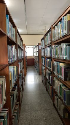 a long row of books on shelves in a library