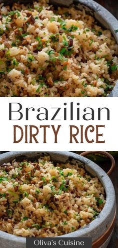 an image of brazilian dirty rice in a pot with the title above it and below