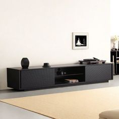 a living room with white walls and a black entertainment center on the floor, in front of a beige rug