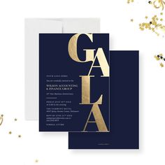 two cards with gold foil on them and the words gaia written in black ink