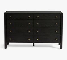 a black dresser with brass knobs on the top and bottom drawers, against a white background