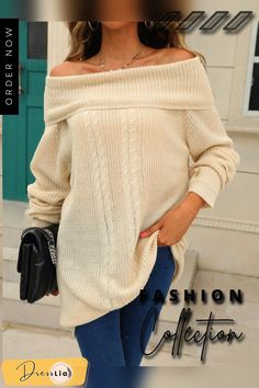 Fashion Tops Women Autumn Winter Straight Neck Sweater Solid Color Knitted Pullover Temperament Dress Oversized Sweater Casual Cream Knit Sweater Dress, Trendy Beige Long Sleeve Sweater Dress, Casual Knitted Acrylic Sweater Dress, Casual Long Sleeve Beige Sweater Dress, Casual Beige Long Sleeve Sweater Dress, Casual Acrylic Knitted Sweater Dress, Cream Knitted Sweater Dress For Fall, Oversized Long Sleeve Knitted Sweater Dress, Casual Oversized Knitted Sweater Dress