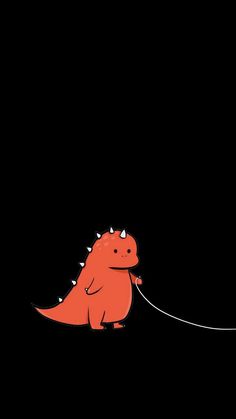 a red dinosaur pulling a string on a black background