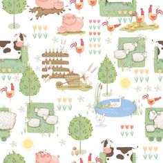 an image of farm animals in the grass with trees and flowers on it's side