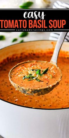 This hearty soup is so much better than any canned/carton variety! It will become one of your favorite warm dinner ideas. Creamy and bursting with flavor, this easy tomato basil soup is the BEST. Pin this for later!