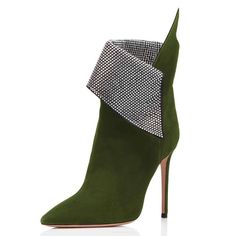 Green Fold Over Rhinestones Pointy Toe Stiletto Heel Ankle Booties for Date | FSJ Pencil Heels, Custom Boots, Chunky Sandals, Heel Ankle Boots, Loafers Shoes, Long Boots, Girls Boots, Pump Sandals, Handmade Shoes