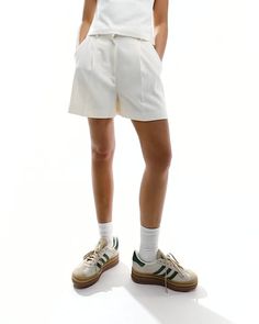 Shorts by ASOS DESIGN Take the short cut High rise Belt loops Side pockets Regular fit White Bottoms With Built-in Shorts For Work, White Bermuda Shorts With Pockets For Work, White Short Bottoms With Belt Loops, White Short Length Bottoms With Belt Loops, White Shorts With Belt Loops, White Workwear Shorts With Belt Loops, White Bermuda Shorts With Pockets, Trendy White Bermuda Shorts For Summer, White Short Leg Bottoms For Workwear