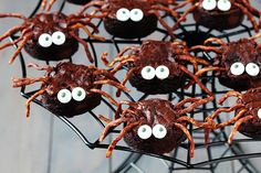 chocolate spider cupcakes with googly eyes on a wire rack, ready to be eaten