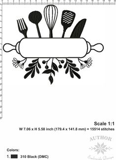 a black and white drawing of kitchen utensils on a ruler with the words scale 1