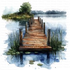 a watercolor painting of a dock with lily pads