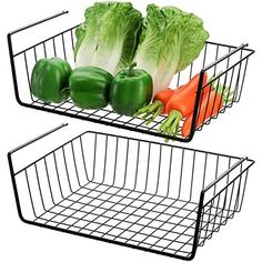 two metal baskets filled with vegetables on top of each other