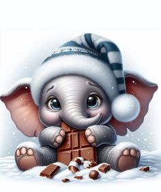 an elephant wearing a santa hat and holding a piece of chocolate in its trunk while sitting on snow covered ground