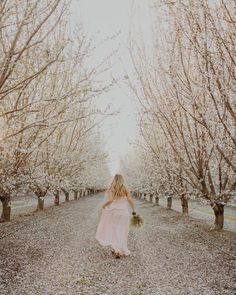 a woman in a pink dress is walking through an orchard