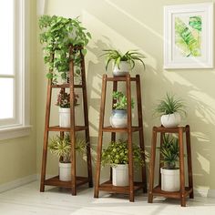 three wooden plant stands with plants in them on the floor next to a white wall