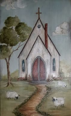 a painting of a church with sheep in the foreground