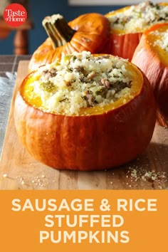 sausage and rice stuffed pumpkins on a cutting board with text overlay that reads sausage and rice stuffed pumpkins