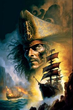 a painting of a pirate in the middle of an ocean with his head turned to look like he is on fire