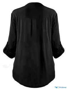 Orcajump - Contrast Lace Solid Shirt, Elegant Button Front Rollable Sleeve Shirt, Women's Clothing Versatile Long Sleeve Buttoned Tops, Versatile Black Button-up Shirt, Versatile Long Sleeve Tops With Buttons, Black Button-up Blouse, Casual Black Shirt With Roll-up Sleeves, Long Sleeve Solid Tops With Roll-up Sleeves, Solid Long Sleeve Tops With Roll-up Sleeves, Versatile Button-up Tops With Roll-up Sleeves, Black Button-up Tops With Roll-up Sleeves