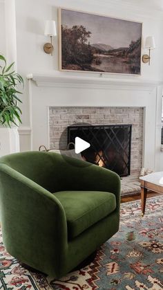 a green chair sitting in front of a fire place