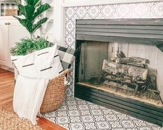 a living room with a fire place and potted plants on the fireplace mantel